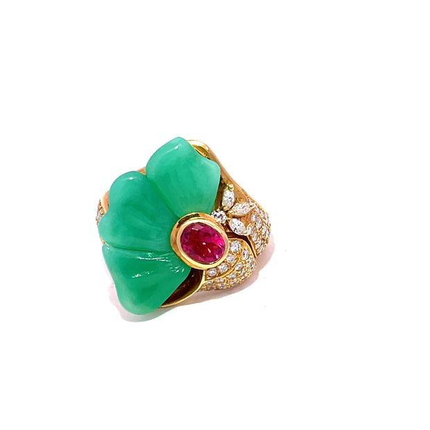 18k Yellow Gold Chalcedony, Ruby & Diamond size7.5 Fashion Ring
