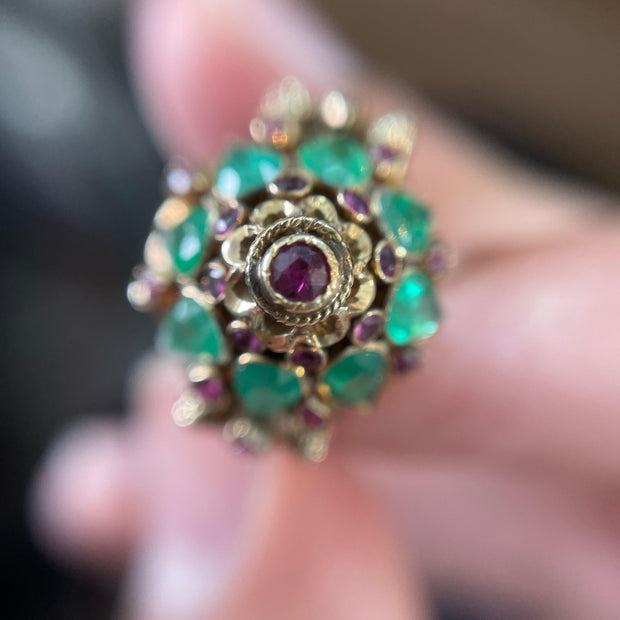 Vintage 14k Yellow Gold Emerald and Pink Sapphire Harem Ring
