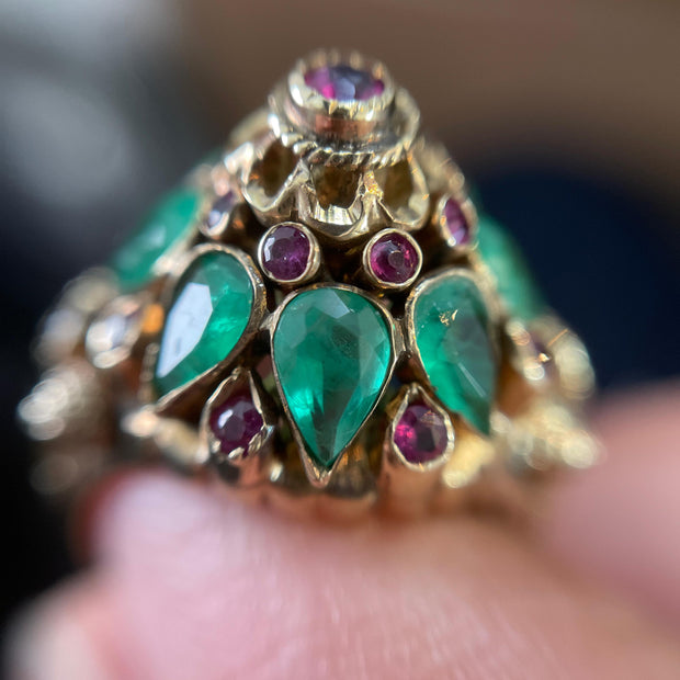 Vintage 14k Yellow Gold Emerald and Pink Sapphire Harem Ring