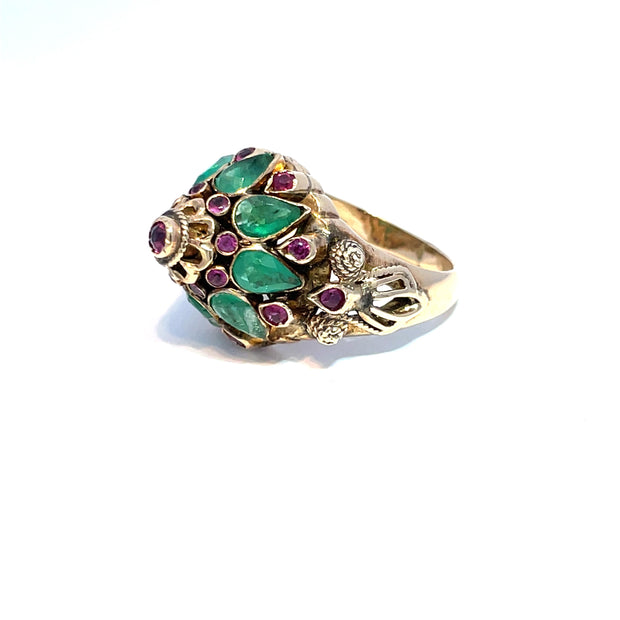 Vintage 14k Yellow Gold Emerald and Pink Sapphire Harem Ring