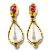 18k Yellow Gold  Large Mabe Pearl & Tourmaline Dangle Earrings