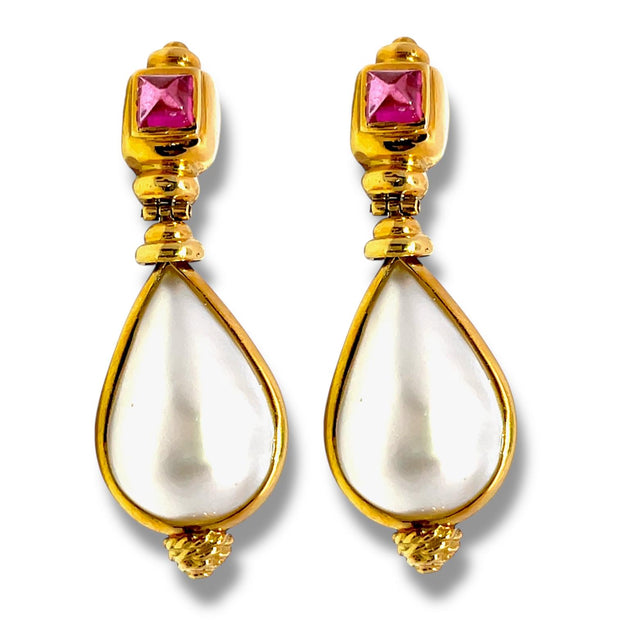 18k Yellow Gold  Large Mabe Pearl & Tourmaline Dangle Earrings