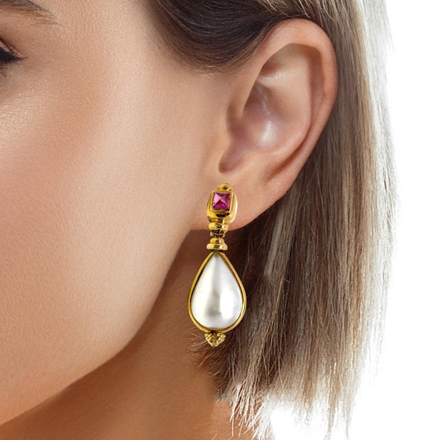 18k Yellow Gold  Large Mabe Pearl & Tourmaline Dangle Earrings