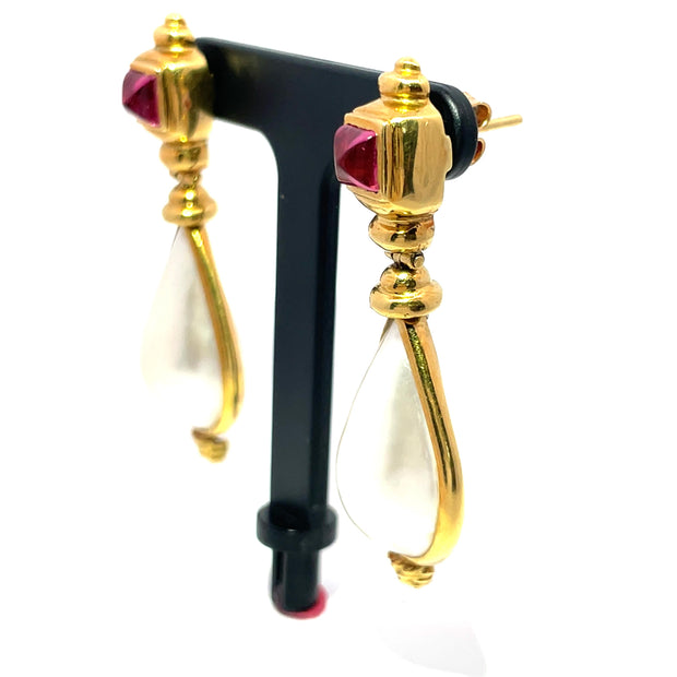 18k Yellow Gold  Large Mabe Pearl & Tourmaline Dangle Earrings