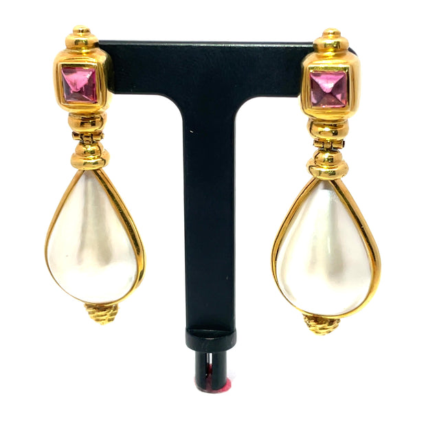 18k Yellow Gold  Large Mabe Pearl & Tourmaline Dangle Earrings