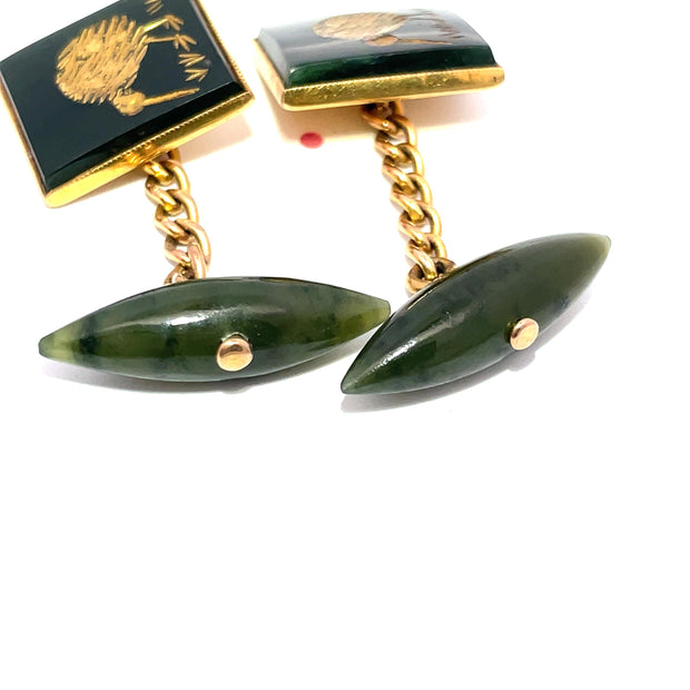 14k Yellow Gold Carved kiwi Design Jade Cufflinks