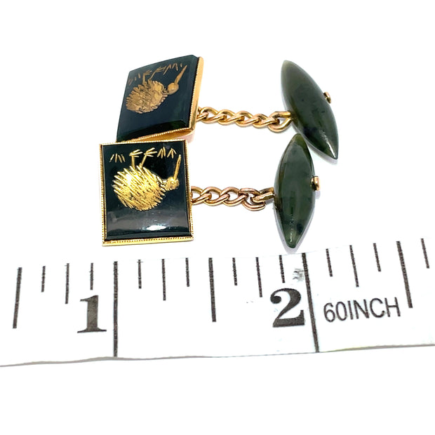 14k Yellow Gold Carved kiwi Design Jade Cufflinks