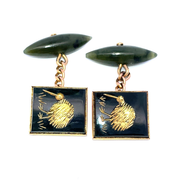 14k Yellow Gold Carved kiwi Design Jade Cufflinks