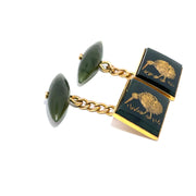 14k Yellow Gold Carved kiwi Design Jade Cufflinks