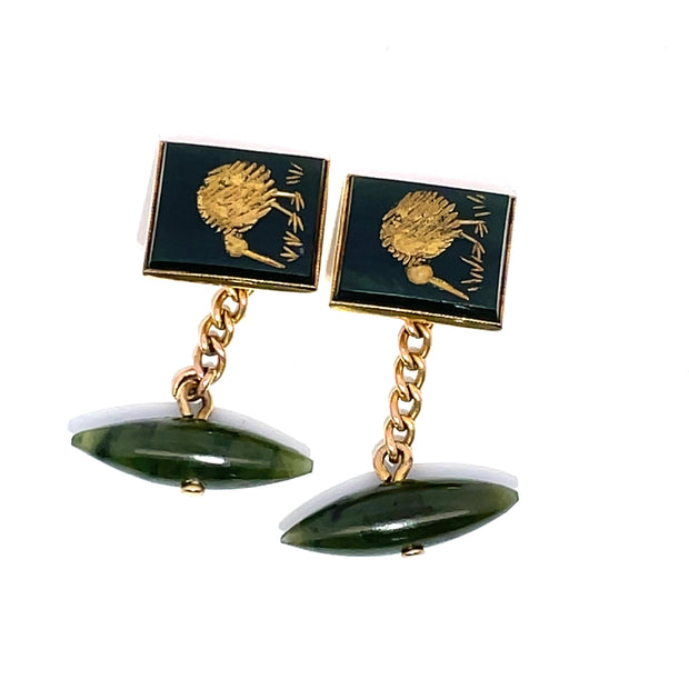 14k Yellow Gold Carved kiwi Design Jade Cufflinks