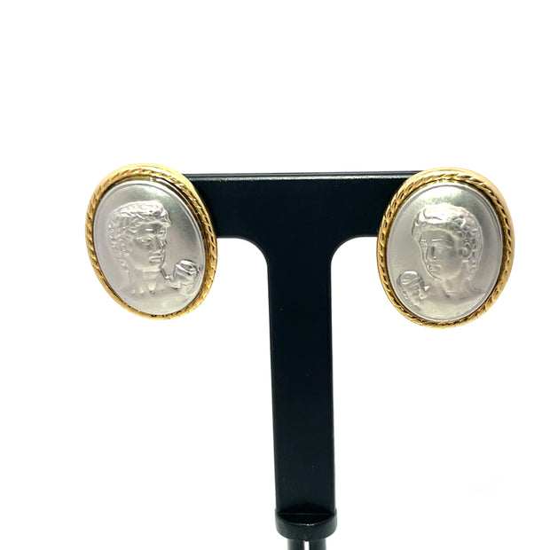 14k Yellow Gold Cameo man's Face mirror Portrait earrings