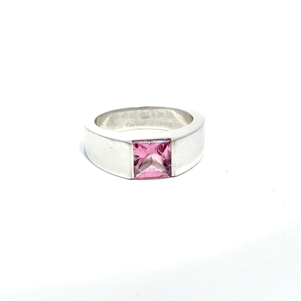 Cartier 18k White Gold Vintage 1990s Pink Tourmaline Tank Ring