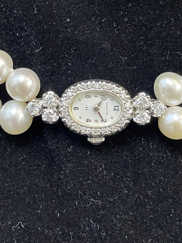 Hamilton 14k White Gold Ladies Watch Double Pearl Strand Necklace