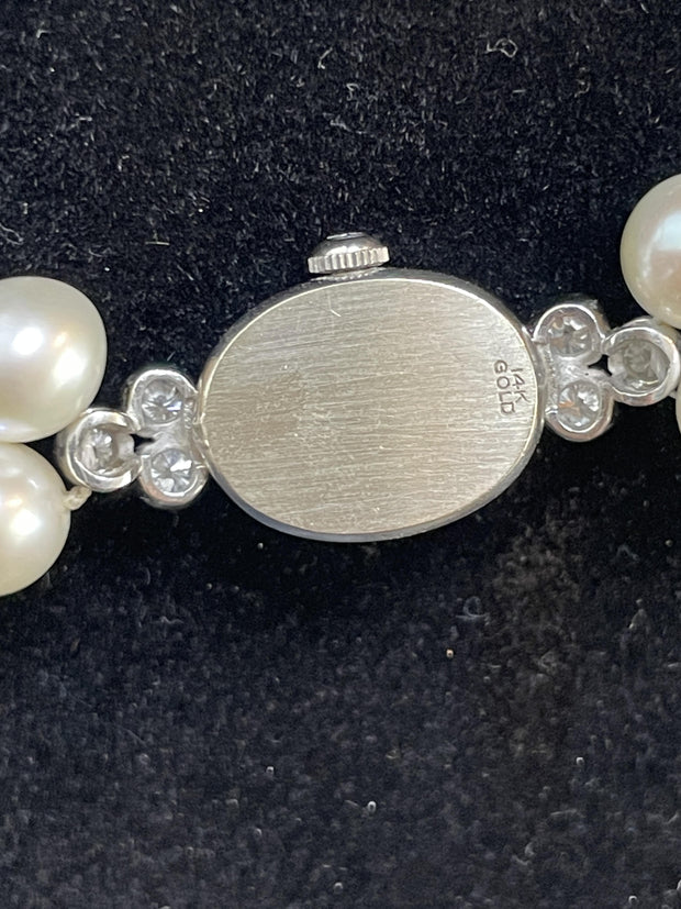 Hamilton 14k White Gold Ladies Watch Double Pearl Strand Necklace