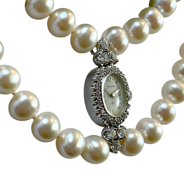 Hamilton 14k White Gold Ladies Watch Double Pearl Strand Necklace