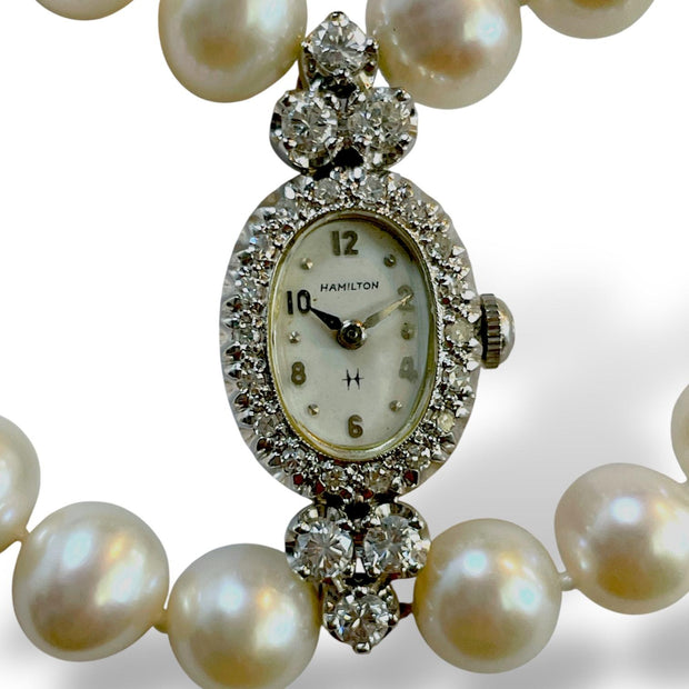 Hamilton 14k White Gold Ladies Watch Double Pearl Strand Necklace