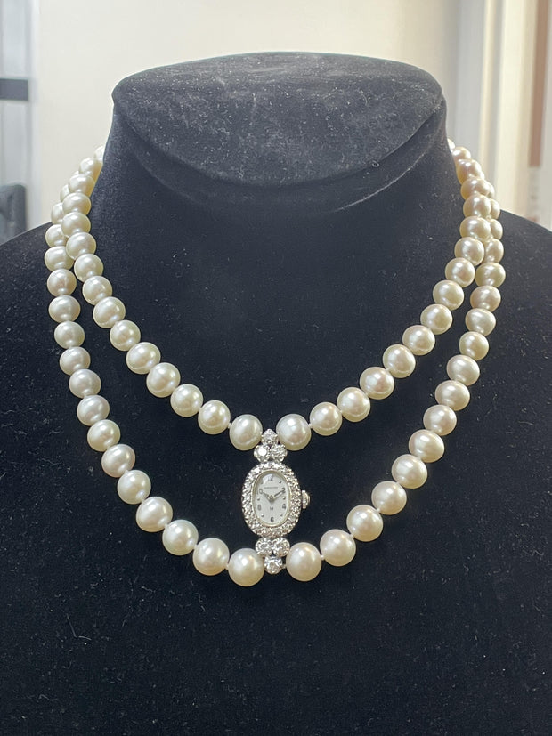 Hamilton 14k White Gold Ladies Watch Double Pearl Strand Necklace