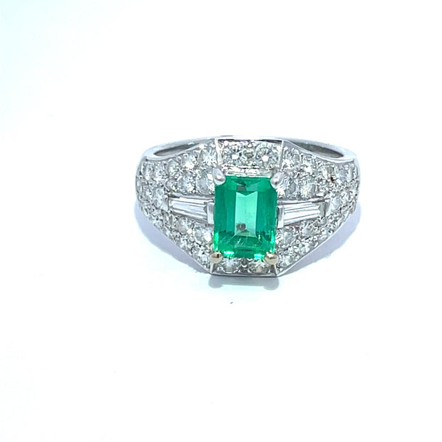 18k White Gold Columbian Emerald & Diamond Cluster Ring