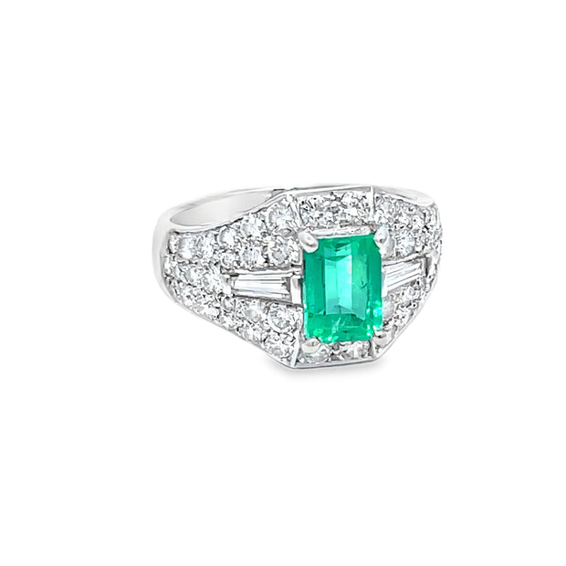 18k White Gold Columbian Emerald & Diamond Cluster Ring