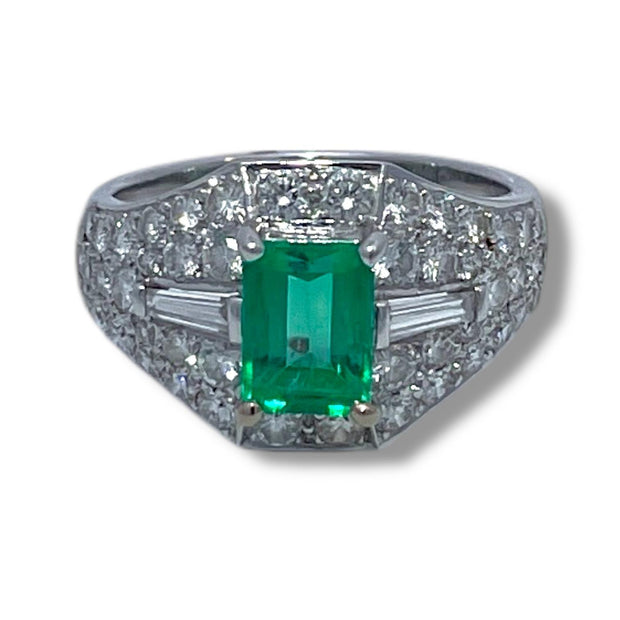 18k White Gold Columbian Emerald & Diamond Cluster Ring