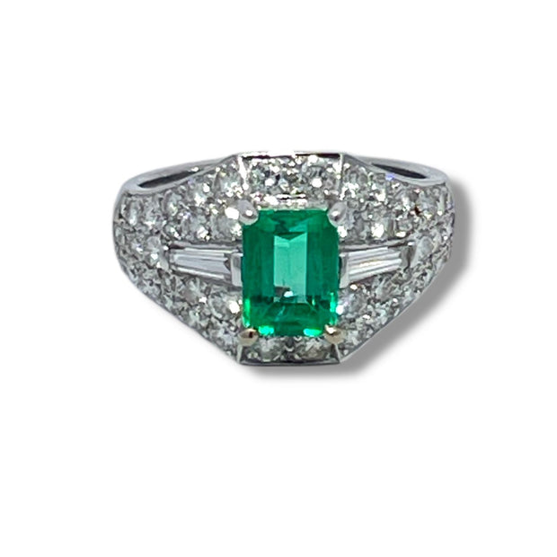 18k White Gold Columbian Emerald & Diamond Cluster Ring