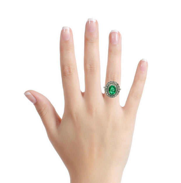14k White Gold Oval cut Emerald & Diamond halo Ring