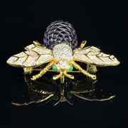 18K Yellow Gold Emerald eyes Diamond and Amethyst Bee Brooch