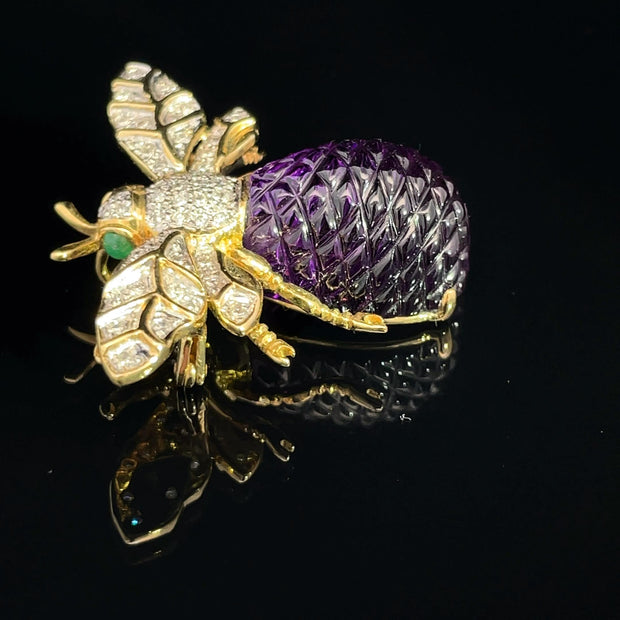 18K Yellow Gold Emerald eyes Diamond and Amethyst Bee Brooch