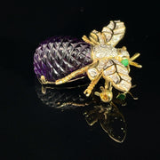 18K Yellow Gold Emerald eyes Diamond and Amethyst Bee Brooch