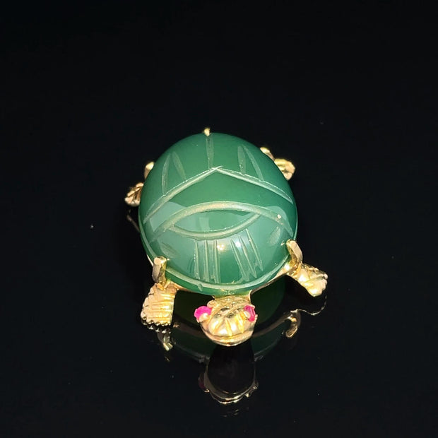 14K YELLOW GOLD SAPPHIRE EYES LARGE JADE BACK TURTLE BROOCH