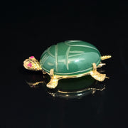 14K YELLOW GOLD SAPPHIRE EYES LARGE JADE BACK TURTLE BROOCH
