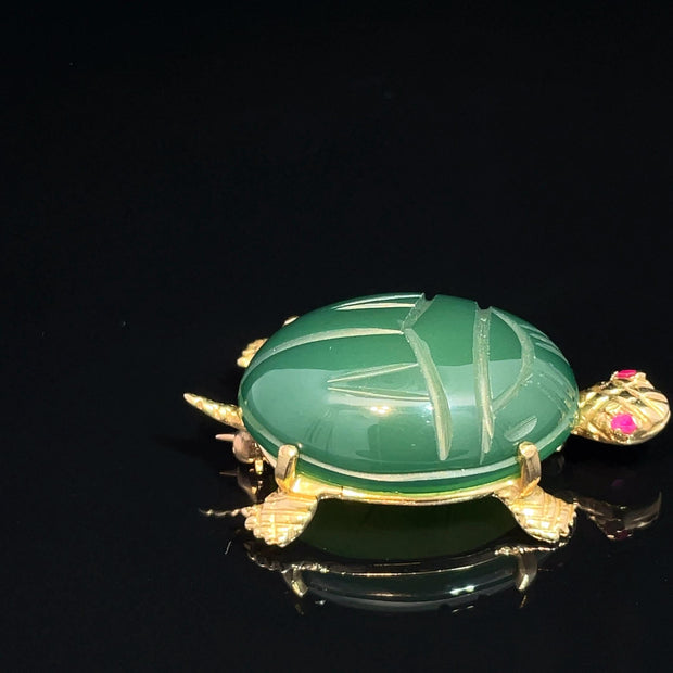 14K YELLOW GOLD SAPPHIRE EYES LARGE JADE BACK TURTLE BROOCH