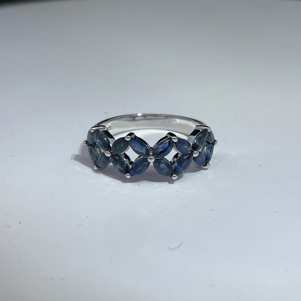 14k White Gold Marquise Sapphire Flower Design Ring