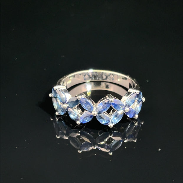 14k White Gold Marquise Sapphire Flower Design Ring