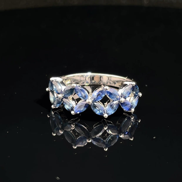 14k White Gold Marquise Sapphire Flower Design Ring