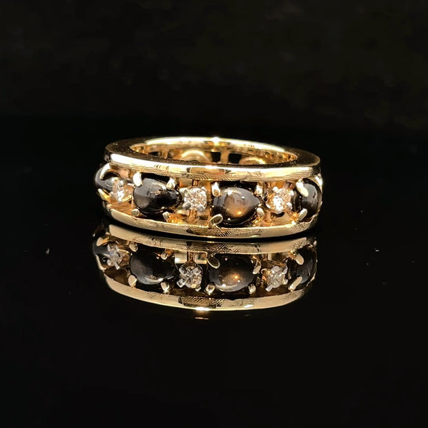 14k Yellow Gold Cats Eye and Diamond Band Ring