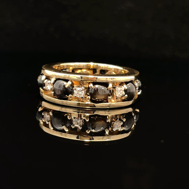 14k Yellow Gold Cats Eye and Diamond Band Ring