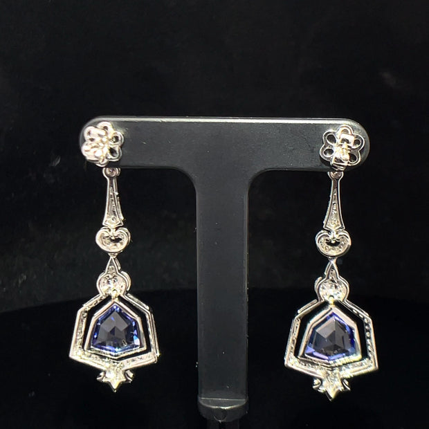18k White Gold Double Dangle Tanzanite and Diamond Earrings