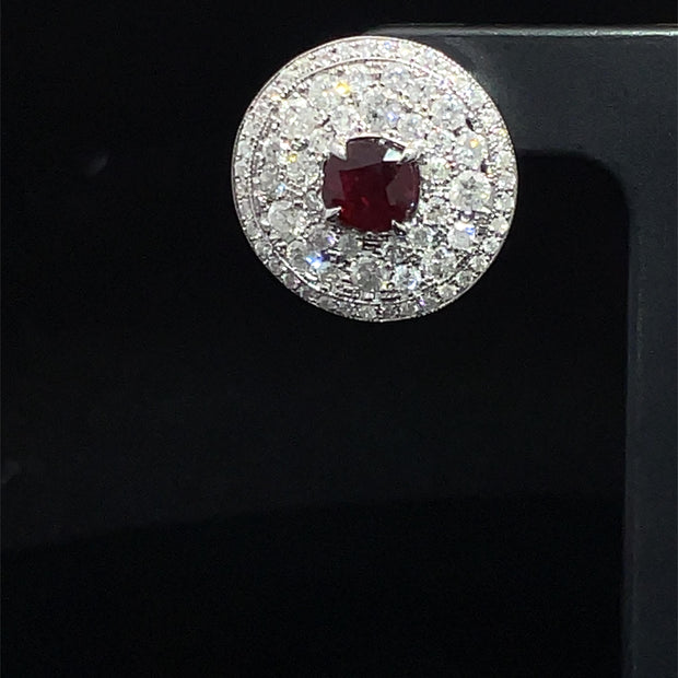 18k White Gold Natural Ruby and Diamond Halo Earrings