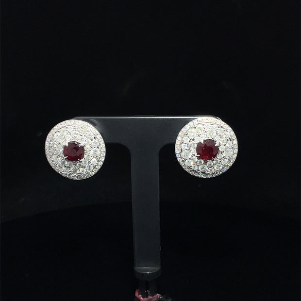 18k White Gold Natural Ruby and Diamond Halo Earrings