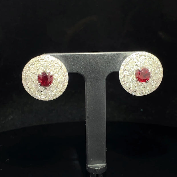 18k White Gold Natural Ruby and Diamond Halo Earrings