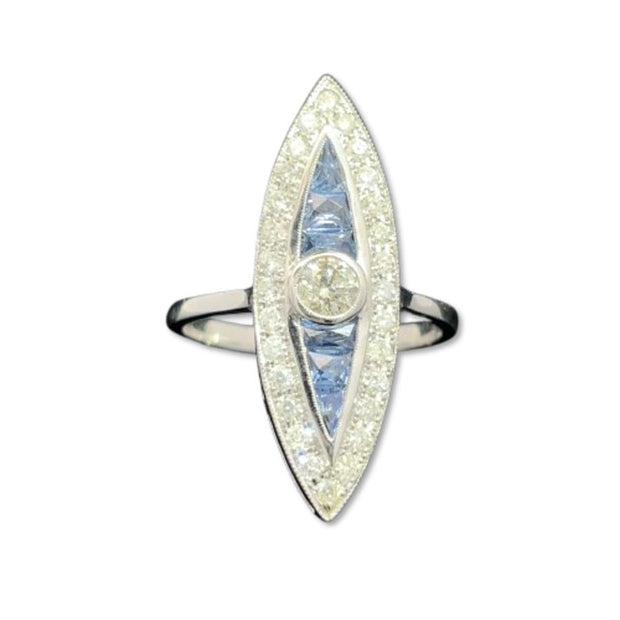18k White Gold Marquise Shape Diamond & Sapphire Ring