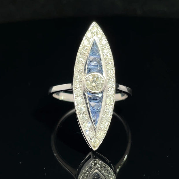 18k White Gold Marquise Shape Diamond & Sapphire Ring