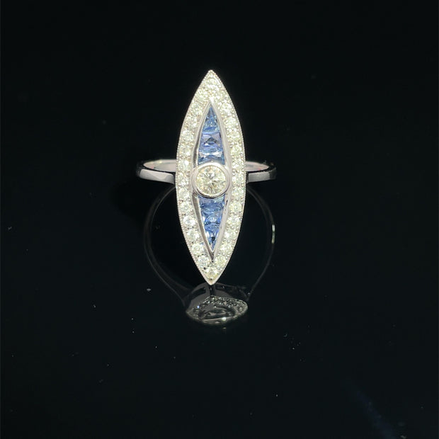 18k White Gold Marquise Shape Diamond & Sapphire Ring