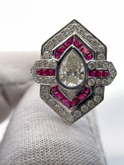IGI Certified Pear Diamond and Ruby 18k White Gold Ring