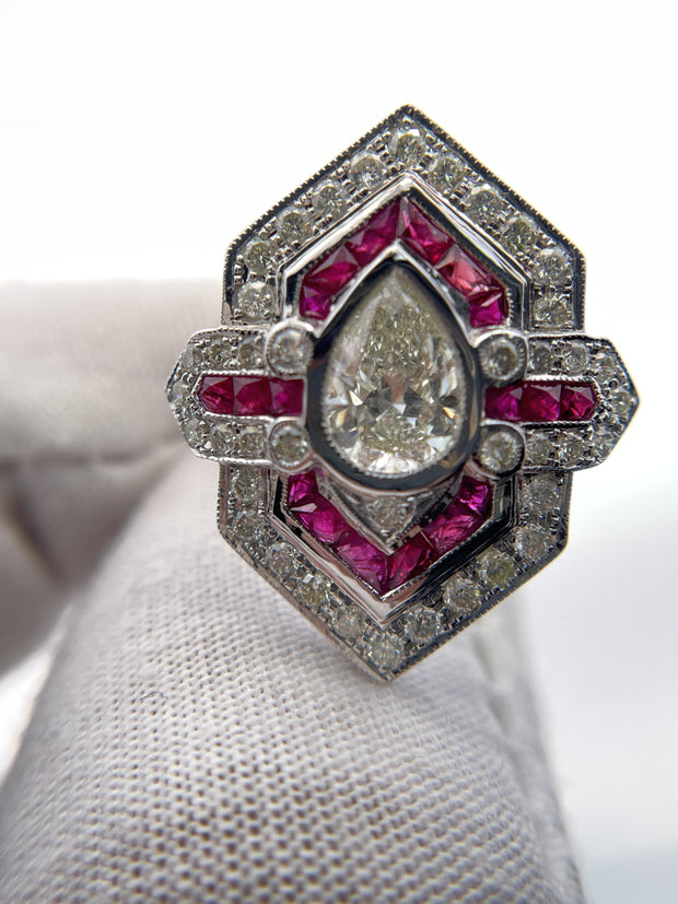 IGI Certified Pear Diamond and Ruby 18k White Gold Ring