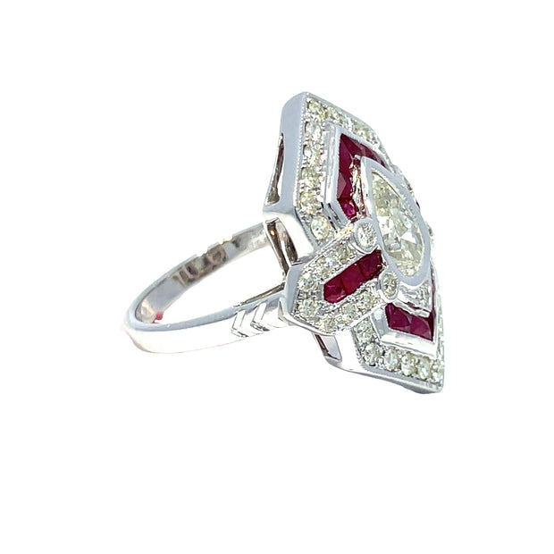 IGI Certified Pear Diamond and Ruby 18k White Gold Ring