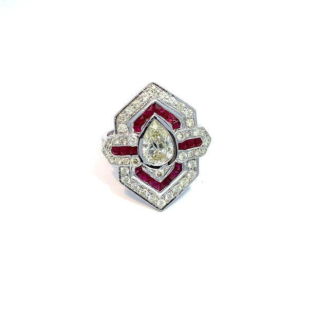 IGI Certified Pear Diamond and Ruby 18k White Gold Ring