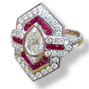 IGI Certified Pear Diamond and Ruby 18k White Gold Ring