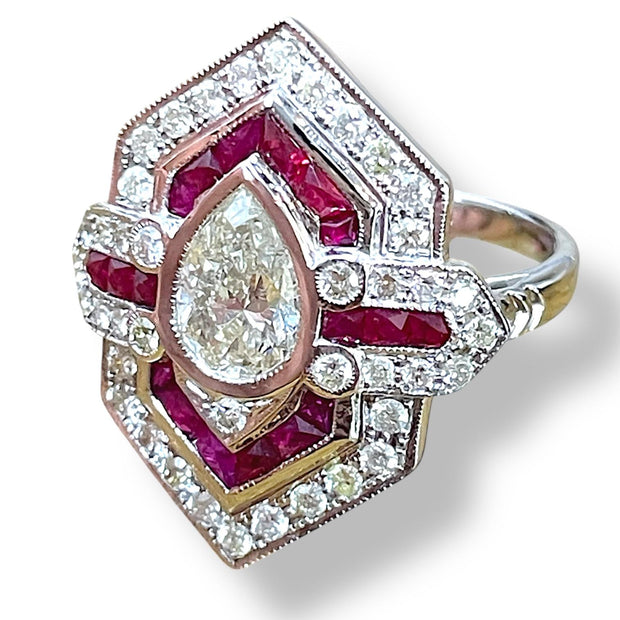 IGI Certified Pear Diamond and Ruby 18k White Gold Ring